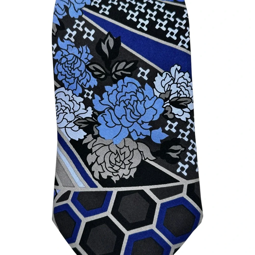 Versace Mens 100% Silk Tie Blue Black Floral Geometric Designer Necktie 60